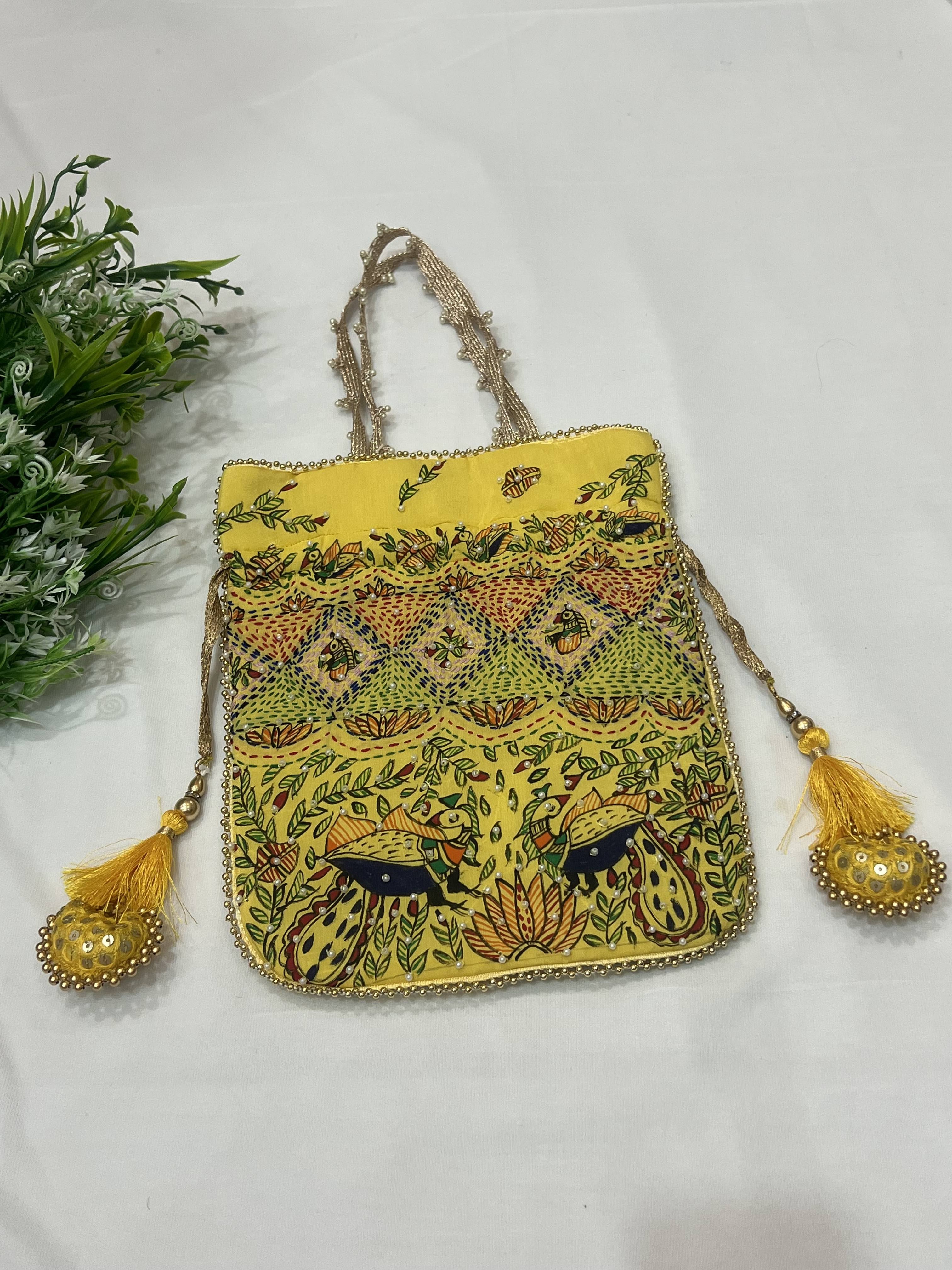 Hand-Painted YELLOW Potli with Madhubani and Sujni Hand Embroidery